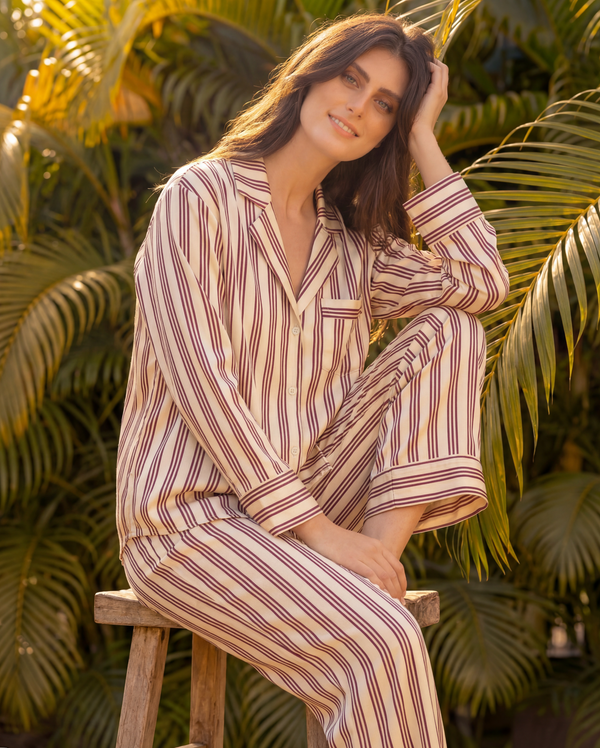 Beige Stripes Braless PJ Set