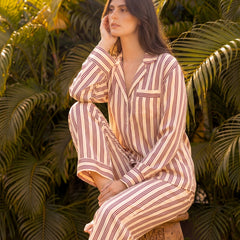 Beige Stripes Braless PJ Set