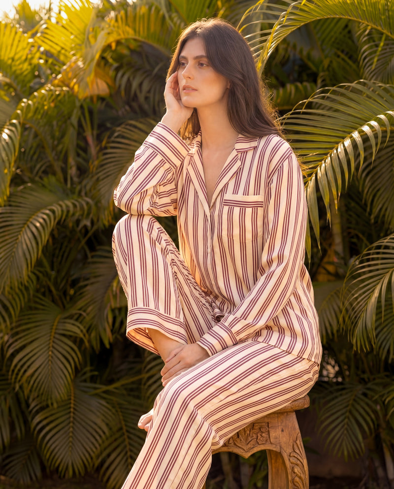 Beige Stripes Braless PJ Set