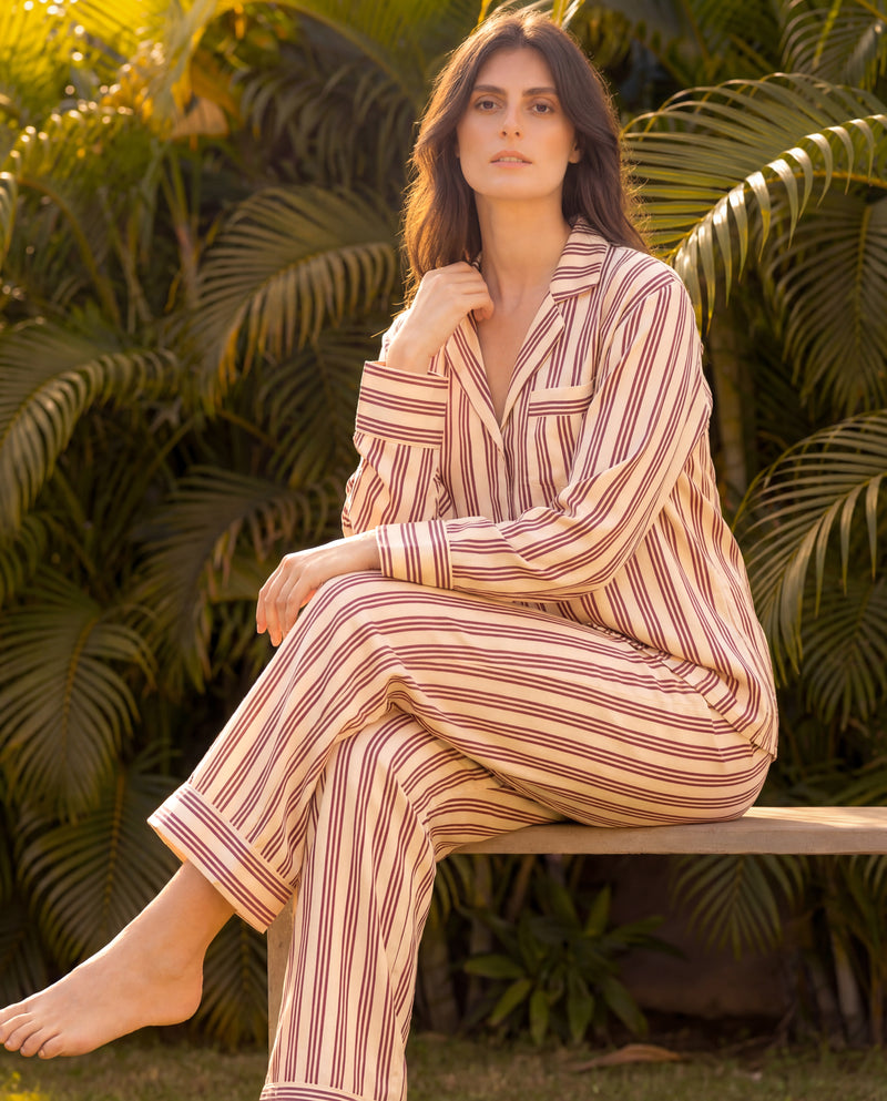 Beige Stripes Braless PJ Set