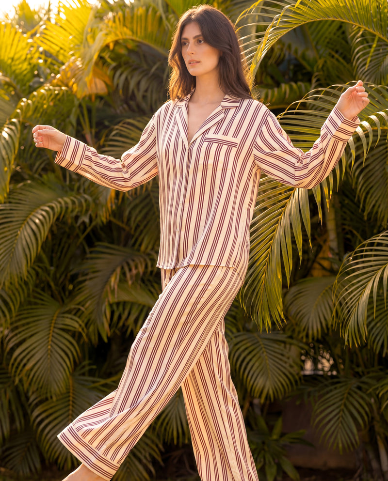 Beige Stripes Braless PJ Set