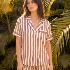 Beige Stripes Braless PJ Set