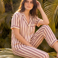 Beige Stripes Braless PJ Set