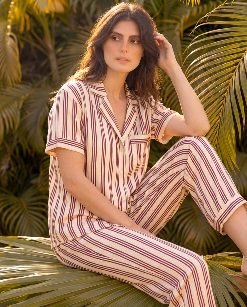Beige Stripes Braless PJ Set