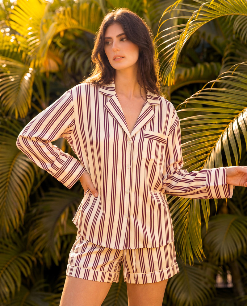 Beige Stripes Braless Shorts Set