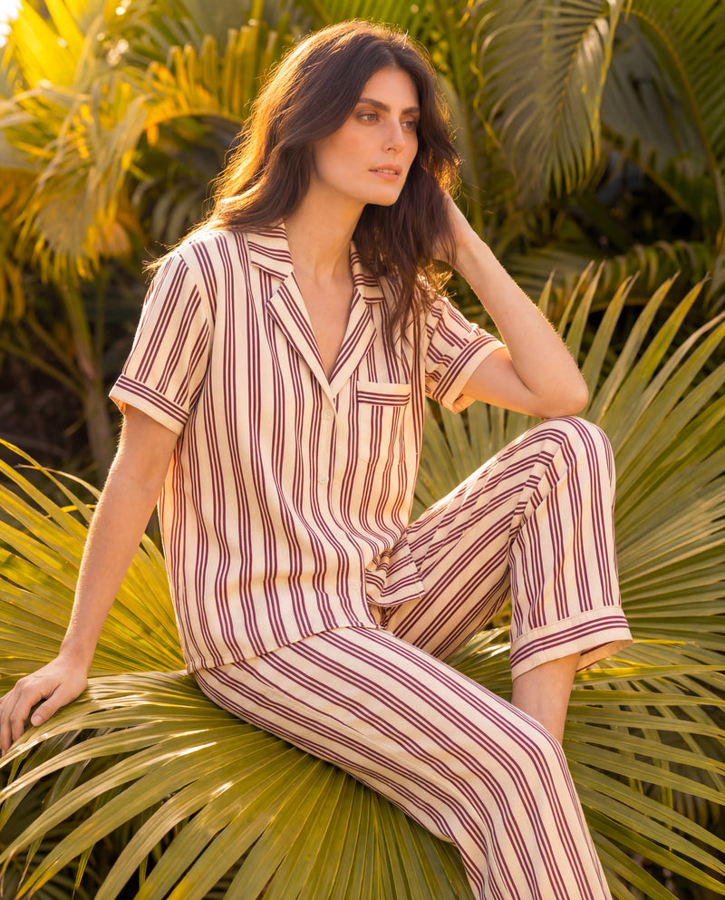 Beige Stripes Braless PJ Set