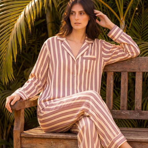 Beige Stripes Braless PJ Set