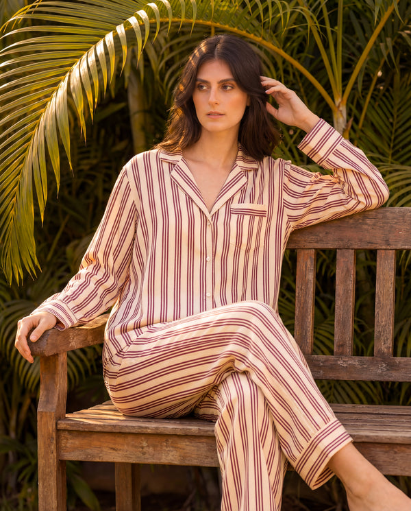 Beige Stripes Braless PJ Set