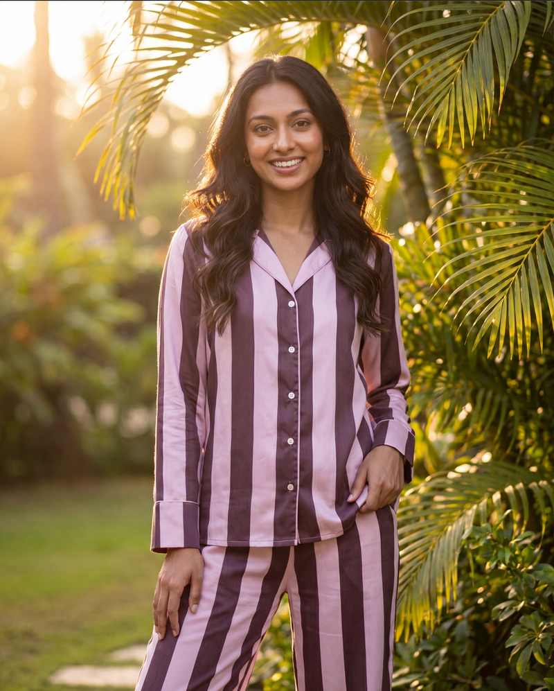 Brownish Pink Striped Pajama Set