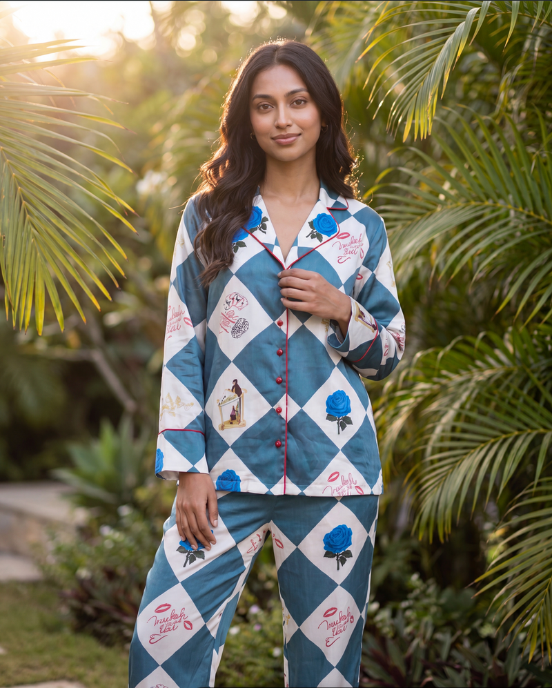 Royal Checks Blue Pajama Set - Full Sleeve
