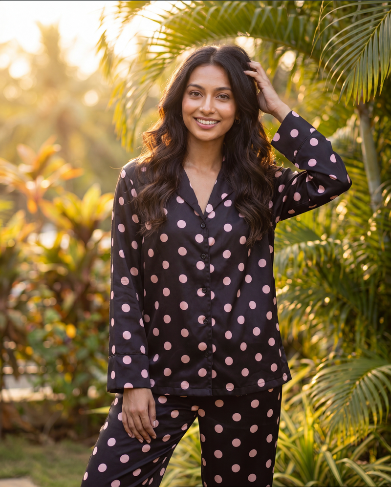 Pinky Brown Polka Pajama Set - Full Sleeve